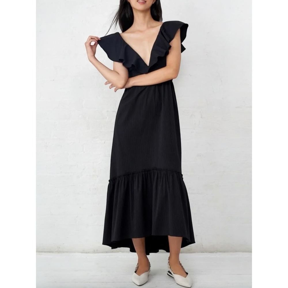 LA LIGNE‎ Marion Ruffle Shoulder Cotton Poplin Midi Dress